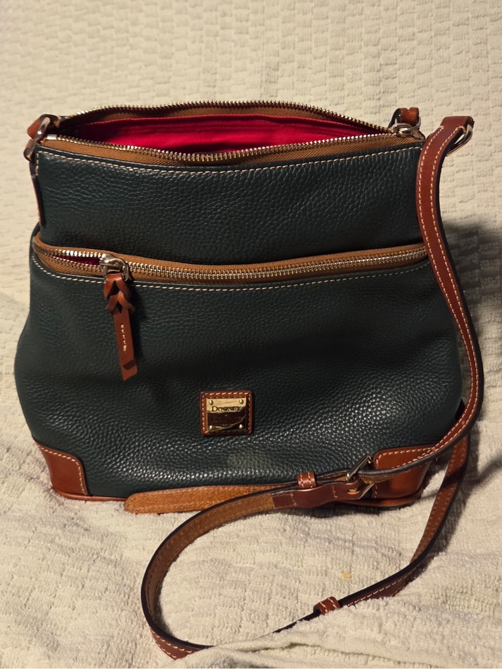 Dooney & Bourke Forest Green Pebbled Leather Crossbody with Brown Trim